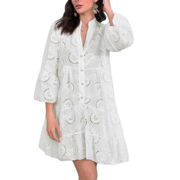 Women's White Embroidery Lace Shirt Dress Eyelet - Picture 1 of 5